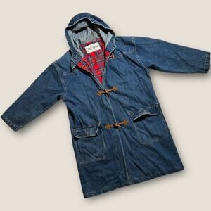Vintage Inner View Denim Duffle Coat L Plaid Lined Hooded Toggle Jacket V06